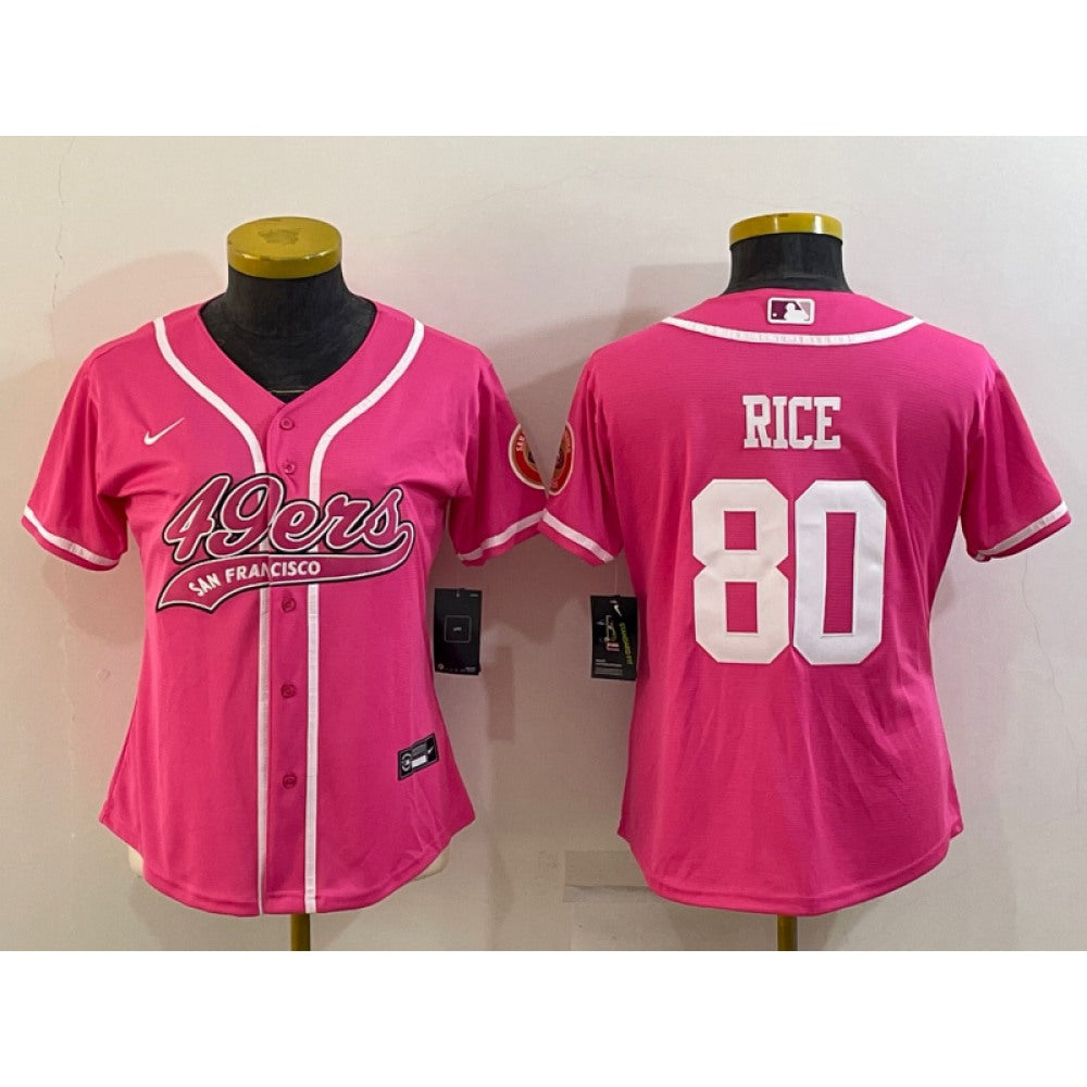 Women's San Francisco 49ers #80 Jerry Rice Pink With Patch Cool Base Stitched Baseball Jersey(Run Small) 