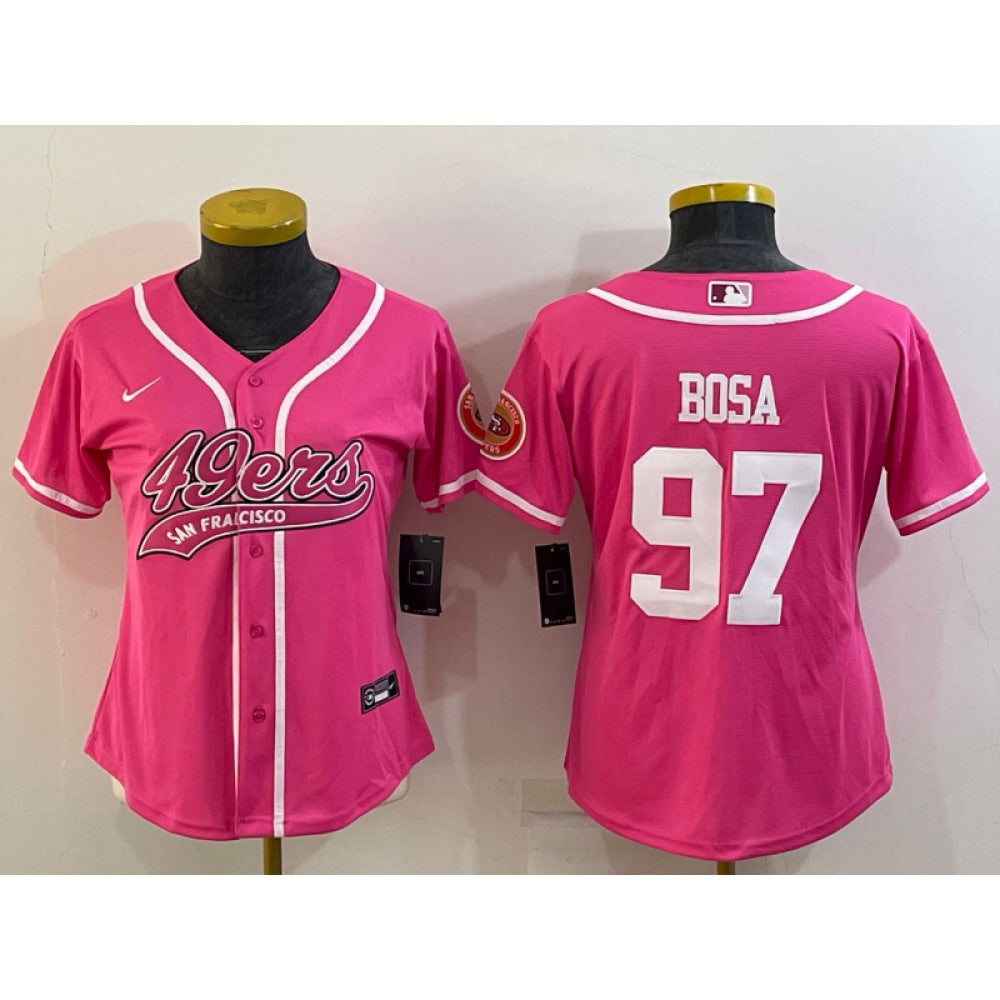 Women's San Francisco 49ers #97 Nick Bosa Pink With Patch Cool Base Stitched Baseball Jersey(Run Small) 