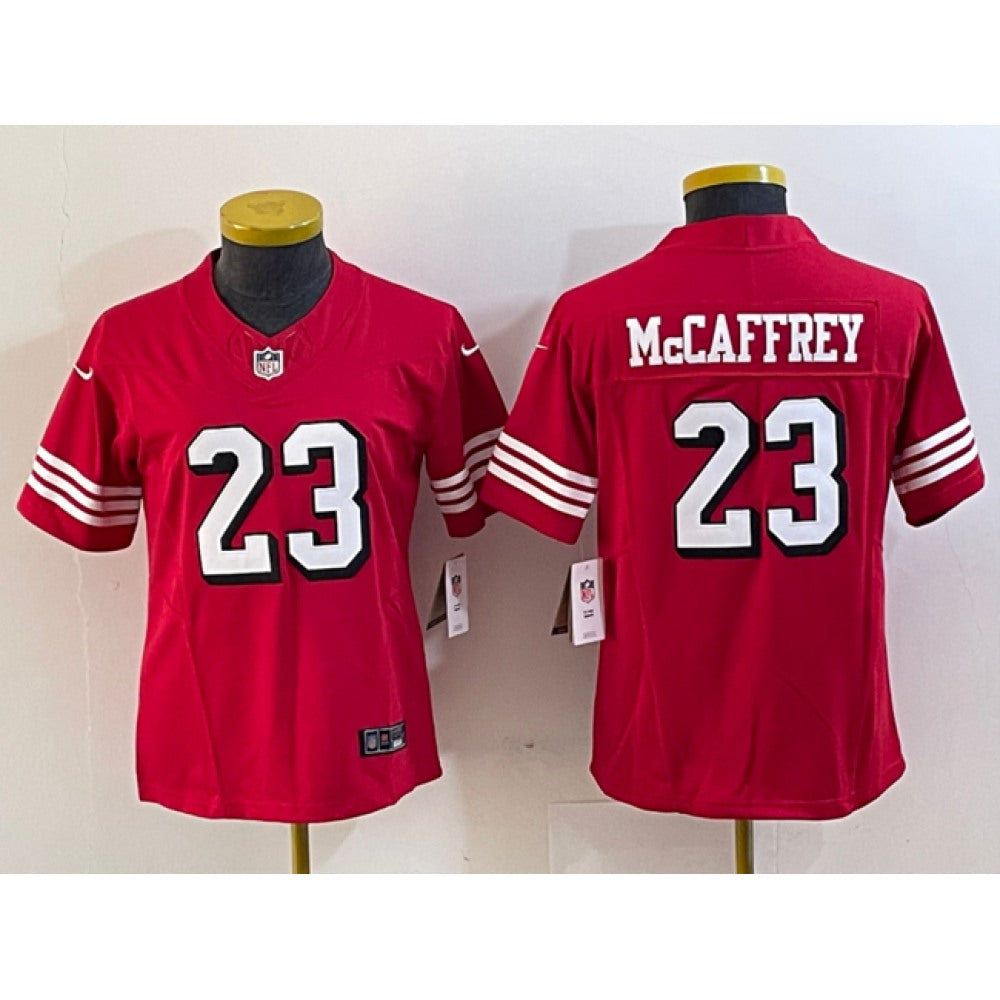 Women's San Francisco 49ers #23 Christian McCaffrey New Red 2023 F.U.S.E. Vapor Untouchable Limited Stitched Jersey(Run Small) 