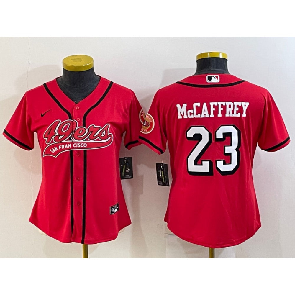 Women's San Francisco 49ers #23 Christian McCaffrey New Red With Patch Cool Base Stitched Baseball Jersey(Run Small) 