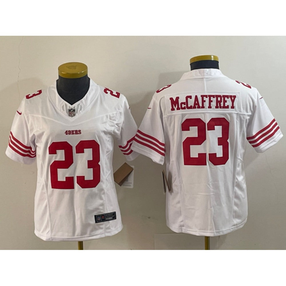 Women's San Francisco 49ers #23 Christian McCaffrey White 2023 F.U.S.E. Vapor Untouchable Limited Stitched Jersey(Run Small) 