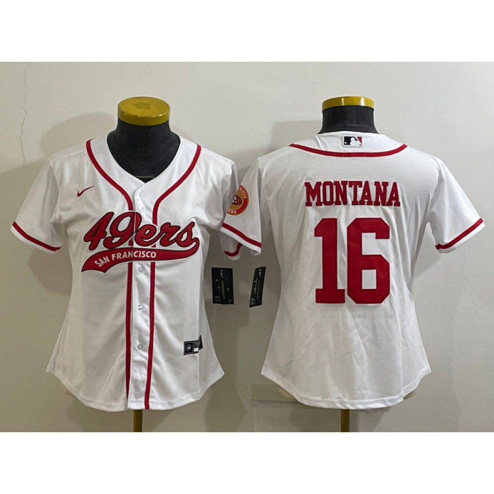 Women's San Francisco 49ers #16 Joe Montana White With Patch Cool Base Stitched Baseball Jersey(Run Small) 