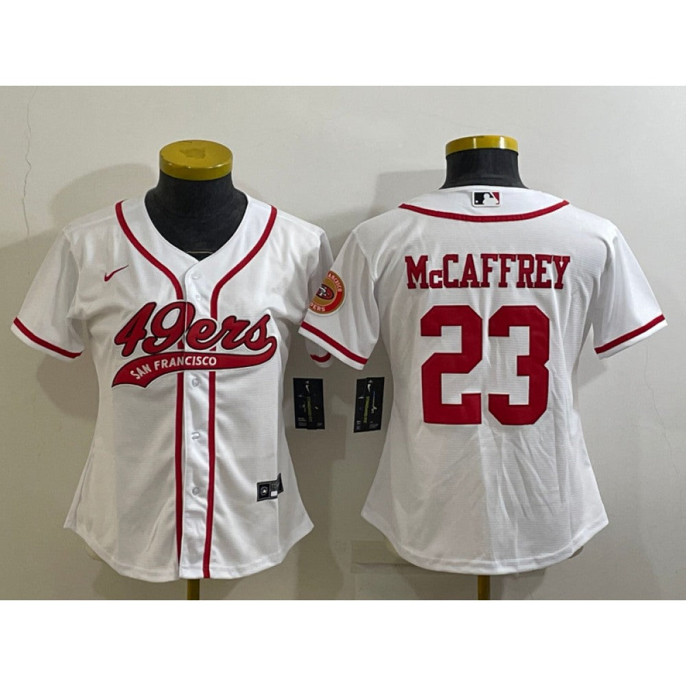 Women's San Francisco 49ers #23 Christian McCaffrey White With Patch Cool Base Stitched Baseball Jersey(Run Small) 
