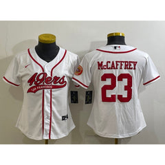 Women's San Francisco 49ers #23 Christian McCaffrey White With Patch Cool Base Stitched Baseball Jersey(Run Small) 