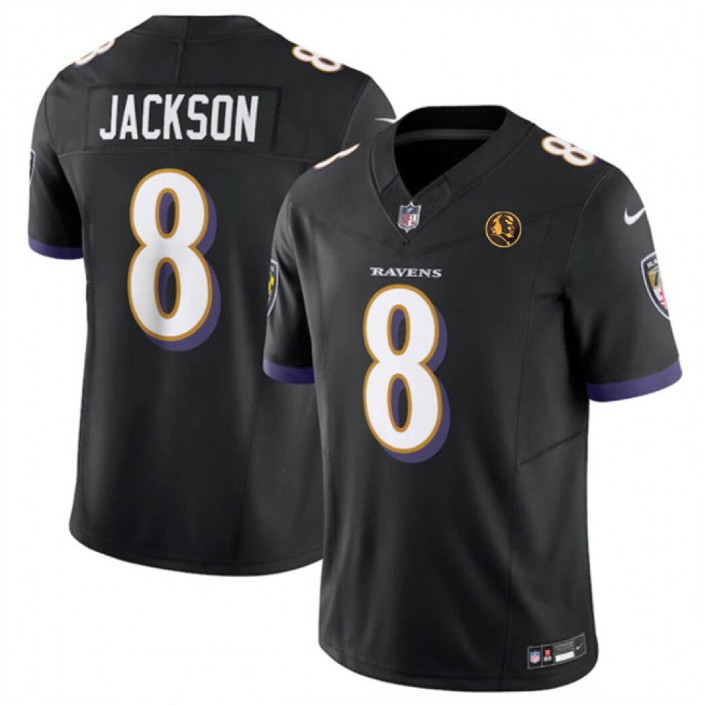 Men's Baltimore Ravens #8 Lamar Jackson Black 2023 F.U.S.E. With John Madden Patch Vapor Limited Football Jersey 