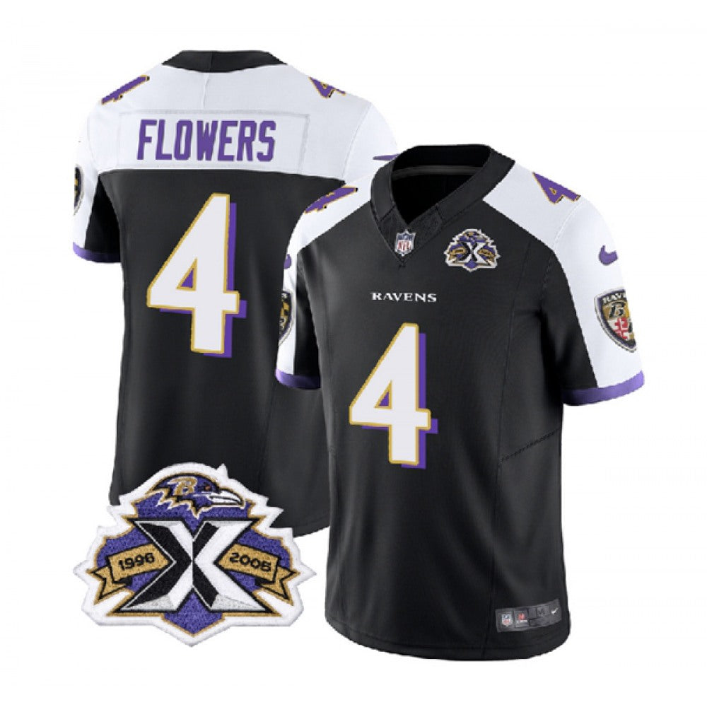 Men's Baltimore Ravens #4 Zay Flowers Black/White 2023 F.U.S.E With Patch Throwback Vapor Limited Jersey 