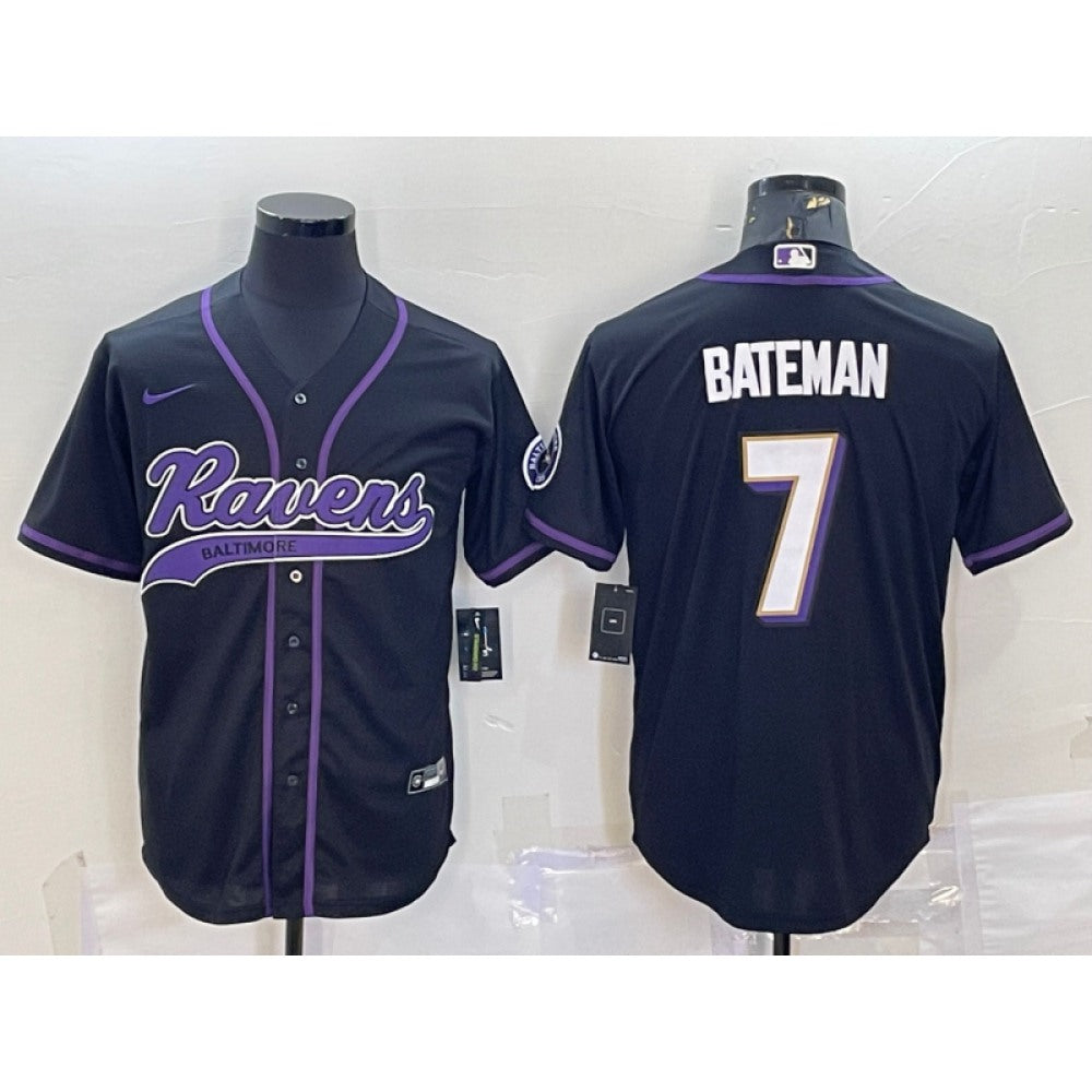 Men's Baltimore Ravens #7 Rashod Bateman Black With Patch Cool Base Stitched Baseball Jersey 