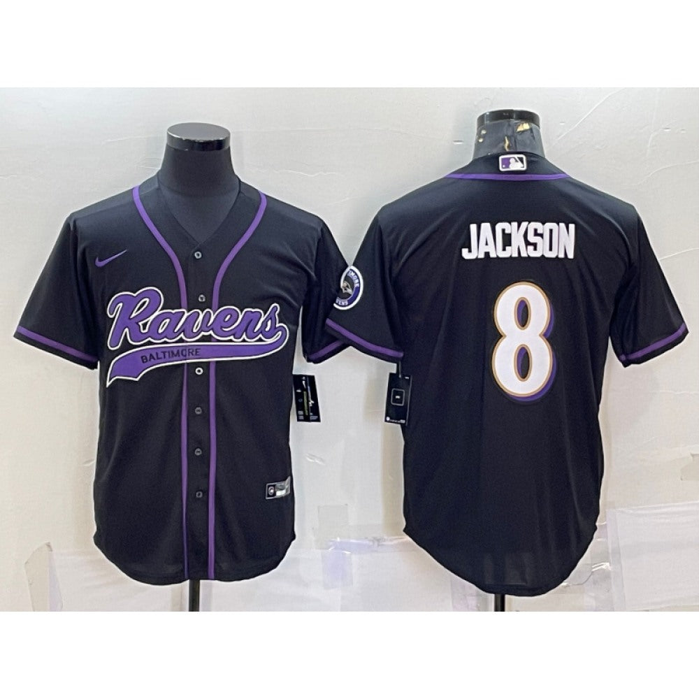 Men's Baltimore Ravens #8 Lamar Jackson Black With Patch Cool Base Stitched Baseball Jersey 