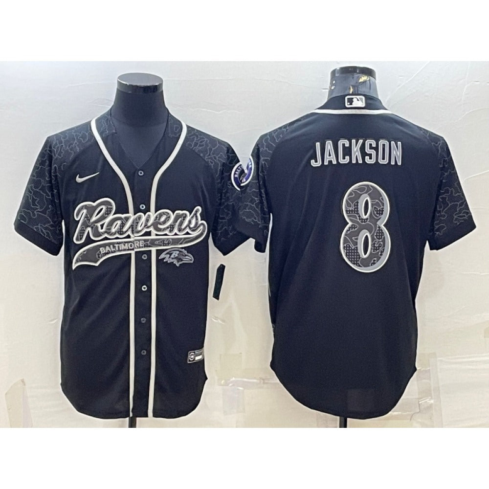 Men's Baltimore Ravens #8 Lamar Jackson Black Reflective With Patch Cool Base Stitched Baseball Jersey 
