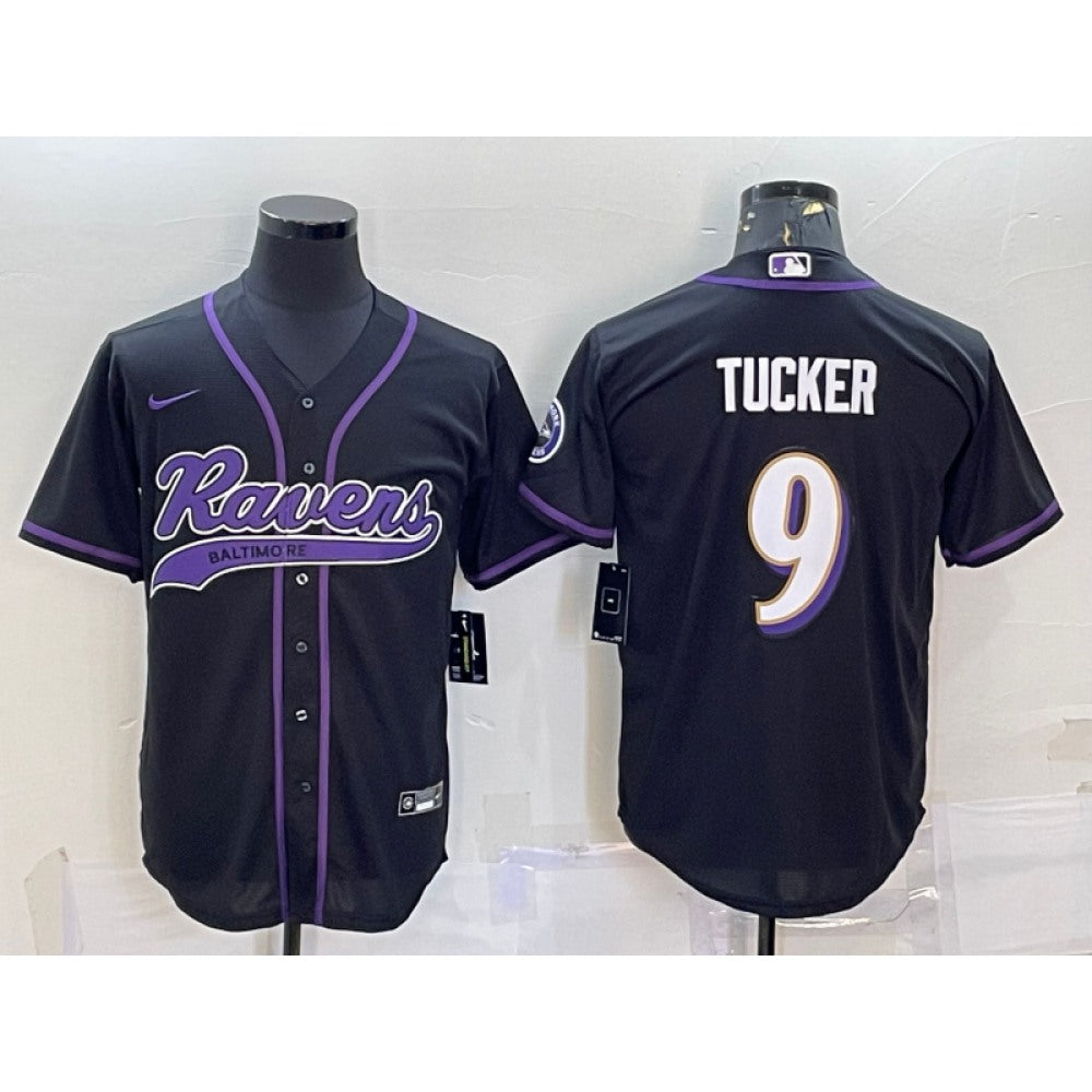 Men's Baltimore Ravens #9 Justin Tucker Black With Patch Cool Base Stitched Baseball Jersey 