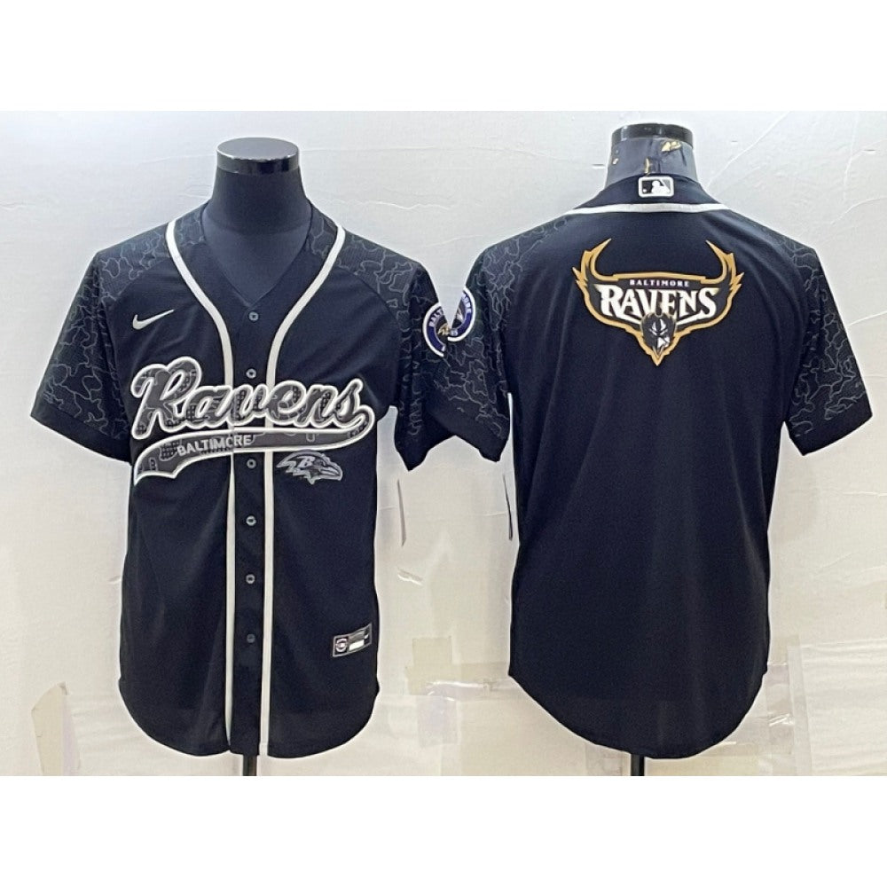 Men's Baltimore Ravens Black Reflective Team Big Logo With Patch Cool Base Stitched Baseball Jersey 