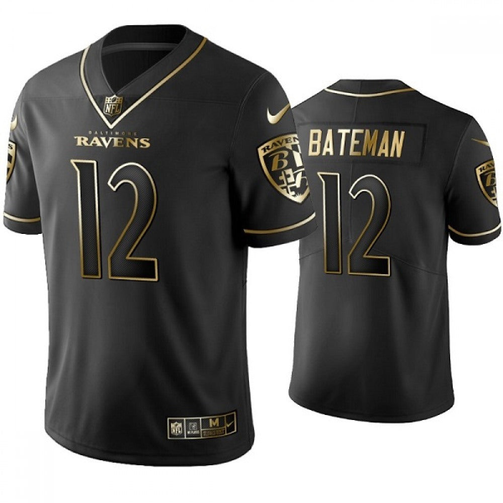 Men's Baltimore Ravens #12 Rashod Bateman Black Golden Edition Limited Stitched Football Jersey 