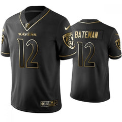 Men's Baltimore Ravens #12 Rashod Bateman Black Golden Edition Limited Stitched Football Jersey 