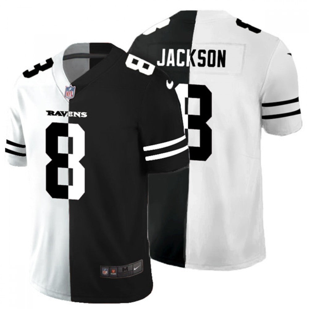 Men's Baltimore Ravens #8 Lamar Jackson Black & White Split Vapor Limited Stitched Jersey 
