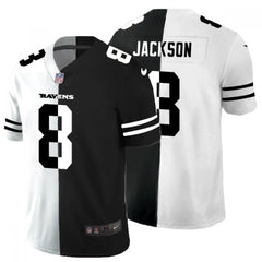 Men's Baltimore Ravens #8 Lamar Jackson Black & White Split Vapor Limited Stitched Jersey 