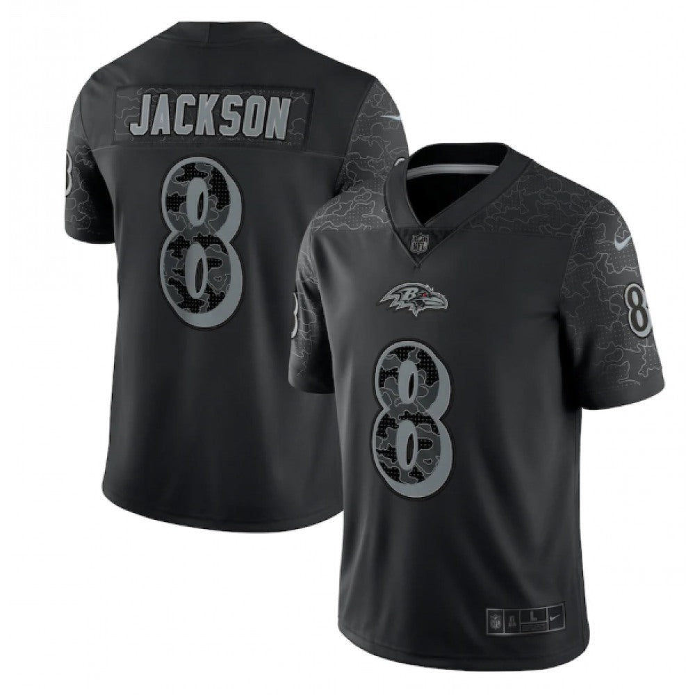 Men's Baltimore Ravens #8 Lamar Jackson Black Reflective Limited Stitched Football Jersey 