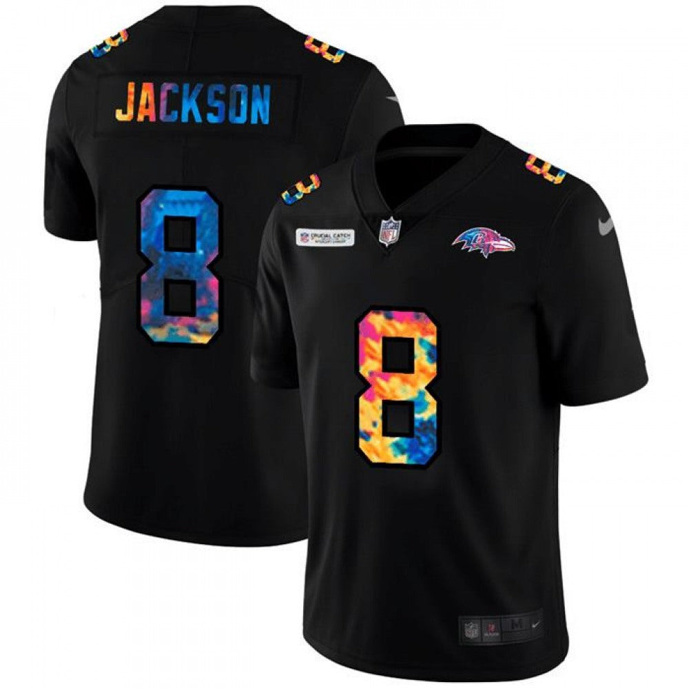 Men's Baltimore Ravens #8 Lamar Jackson 2020 Black Crucial Catch Limited Stitched Jersey 