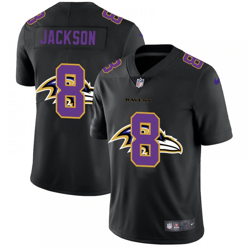 Men's Baltimore Ravens #8 Lamar Jackson 2020 Black Shadow Logo Limited Stitched Jersey 