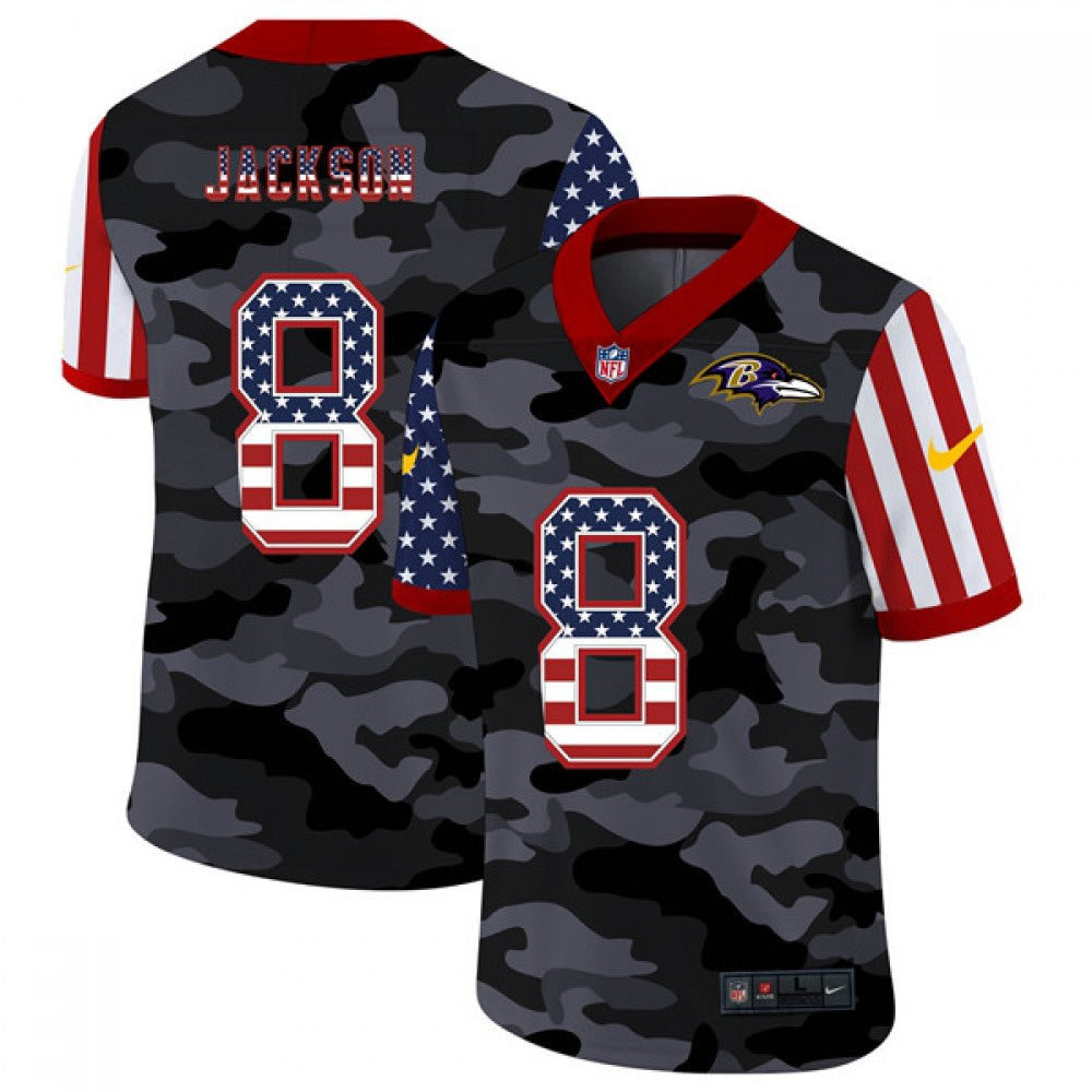 Men's Baltimore Ravens #8 Lamar Jackson 2020 Camo USA Flag Limited Jersey 