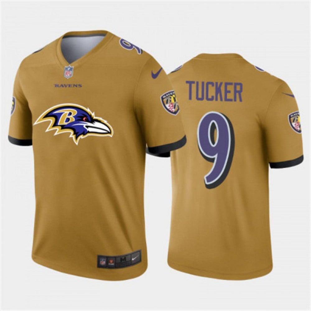 Men's Baltimore Ravens #9 Justin Tucker Gold 2020 Team Big Logo Inverted Legend Stitched Jersey 