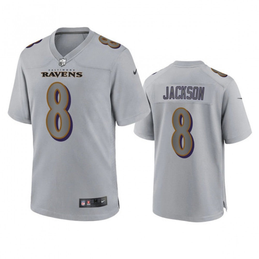 Men's Baltimore Ravens #8 Lamar Jackson Gray Atmosphere Fashion Stitched Jersey 