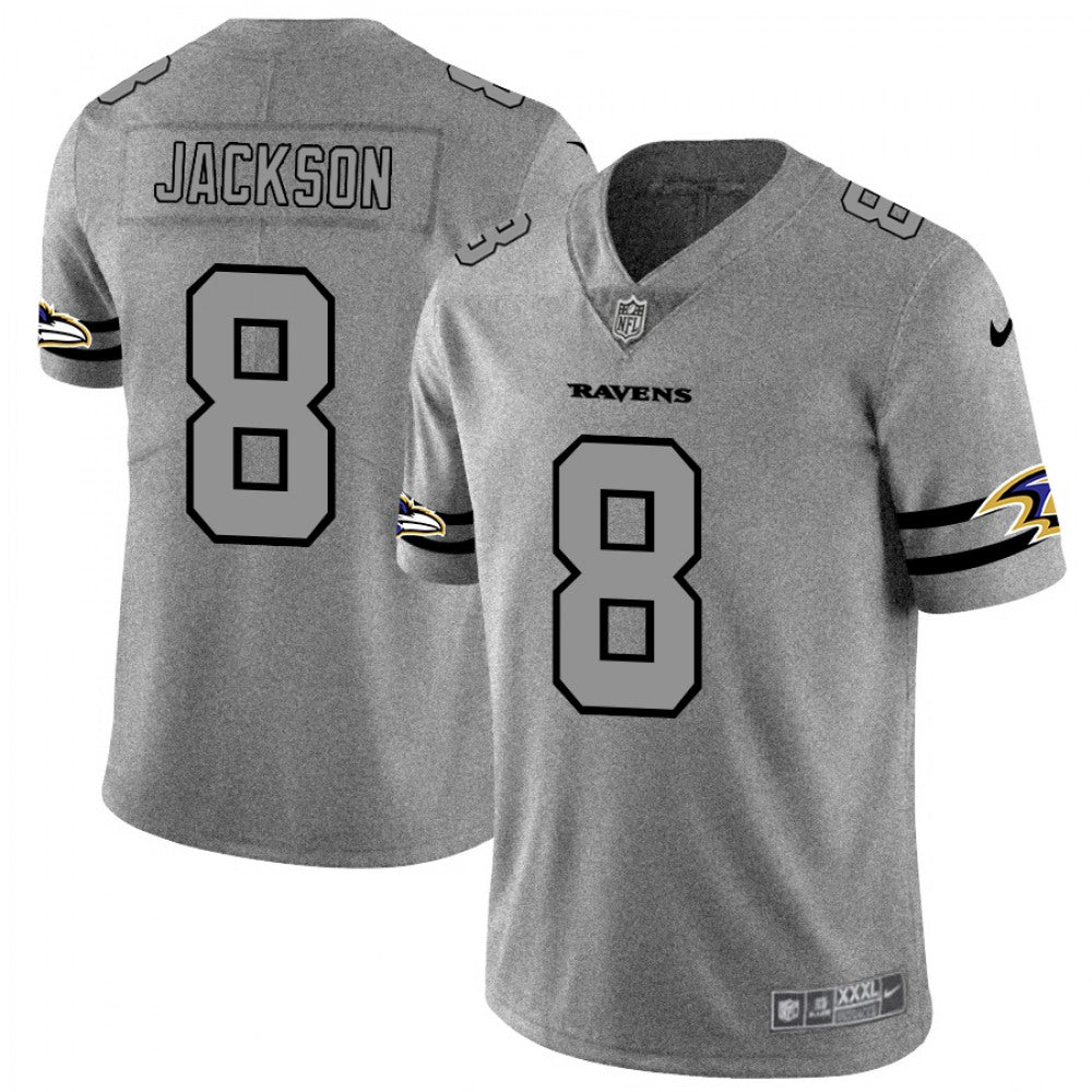 Men's Baltimore Ravens #8 Lamar Jackson 2019 Gray Gridiron Team Logo Limited Stitched NFL Jersey 