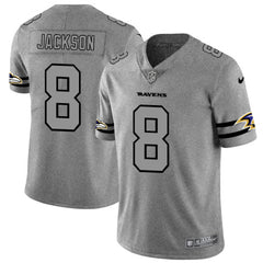 Men's Baltimore Ravens #8 Lamar Jackson 2019 Gray Gridiron Team Logo Limited Stitched NFL Jersey 