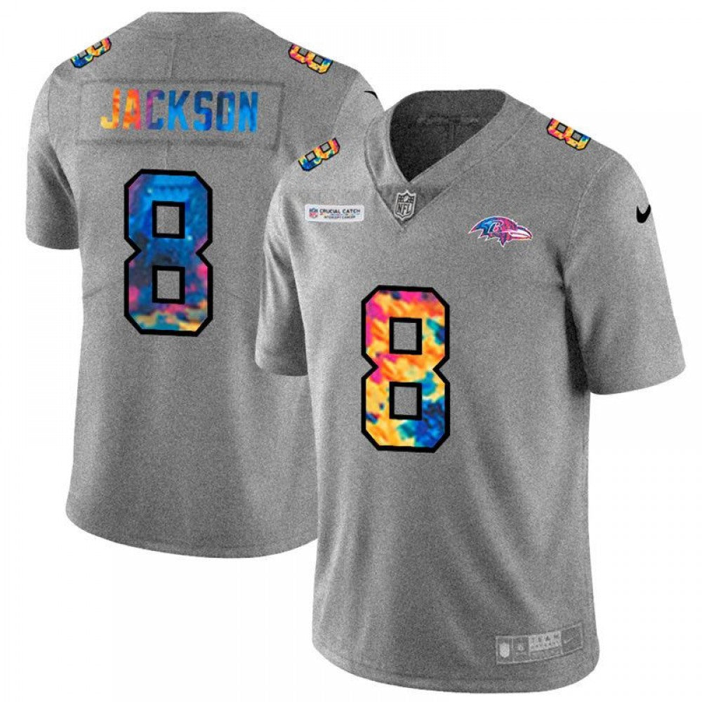 Men's Baltimore Ravens #8 Lamar Jackson 2020 Grey Crucial Catch Limited Stitched Jersey 