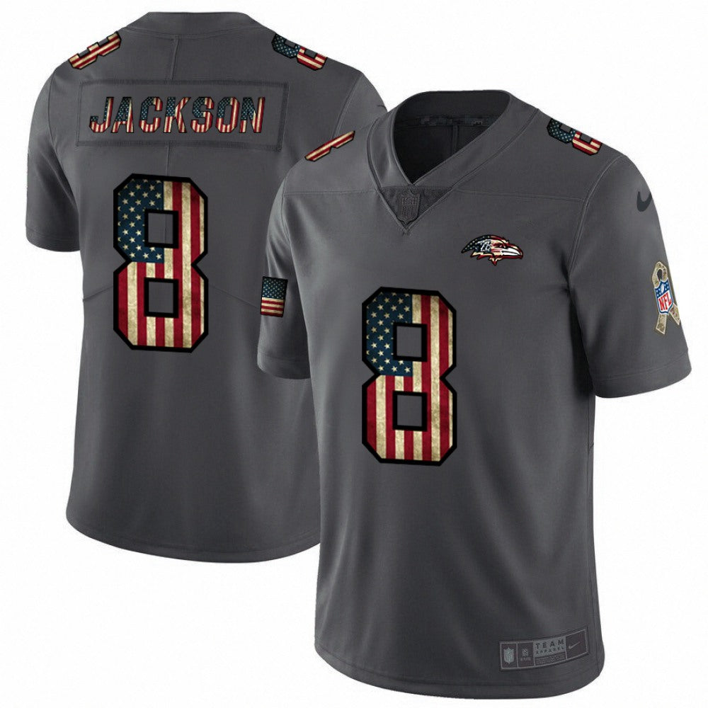 Men's Baltimore Ravens #8 Lamar Jackson Grey 2019 Salute To Service USA Flag Fashion Limited Stitched NFL Jersey 