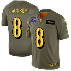 Men's Baltimore Ravens #8 Lamar Jackson 2019 Olive/Gold Salute To Service Limited Stitched NFL Jersey 