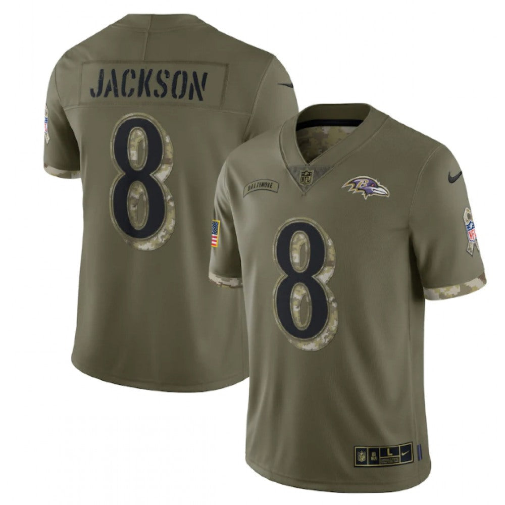 Men's Baltimore Ravens #8 Lamar Jackson Olive 2022 Salute To Service Limited Stitched Jersey 