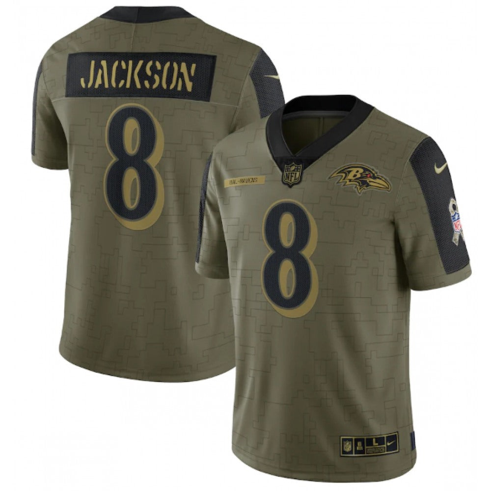 Men's Baltimore Ravens #8 Lamar Jackson 2021 Olive Salute To Service Limited Stitched Jersey 