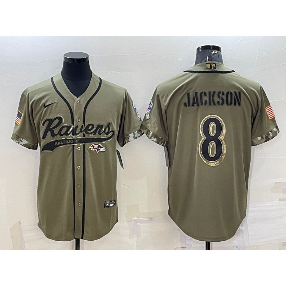 Men's Baltimore Ravens #8 Lamar Jackson Olive 2022 Salute to Service Cool Base Stitched Baseball Jersey 