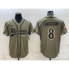 Men's Baltimore Ravens #8 Lamar Jackson Olive 2022 Salute to Service Cool Base Stitched Baseball Jersey 