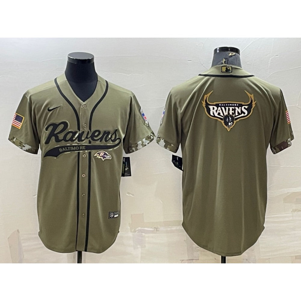Men's Baltimore Ravens Olive Salute to Service Team Big Logo Cool Base Stitched Baseball Jersey 