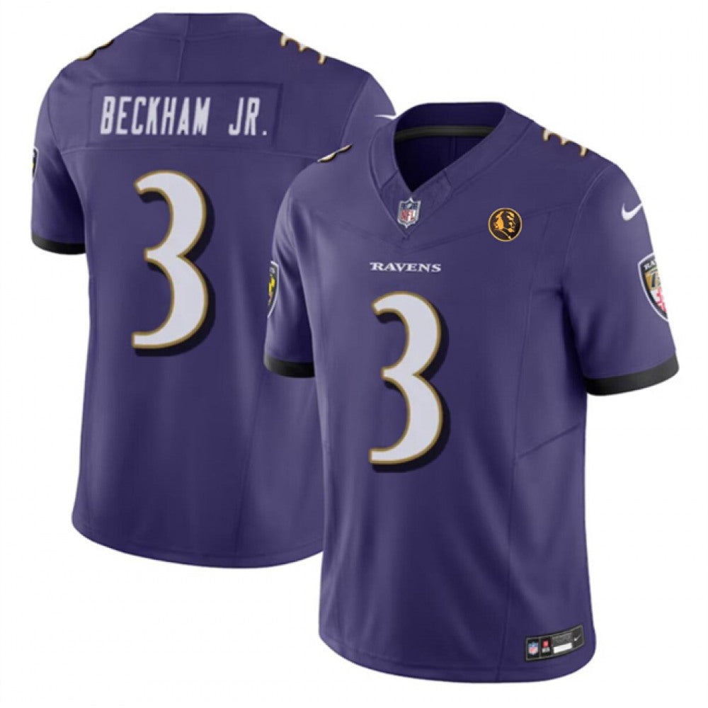 Men's Baltimore Ravens #3 Odell Beckham Jr. Purple 2023 F.U.S.E. With John Madden Patch Vapor Limited Football Jersey 