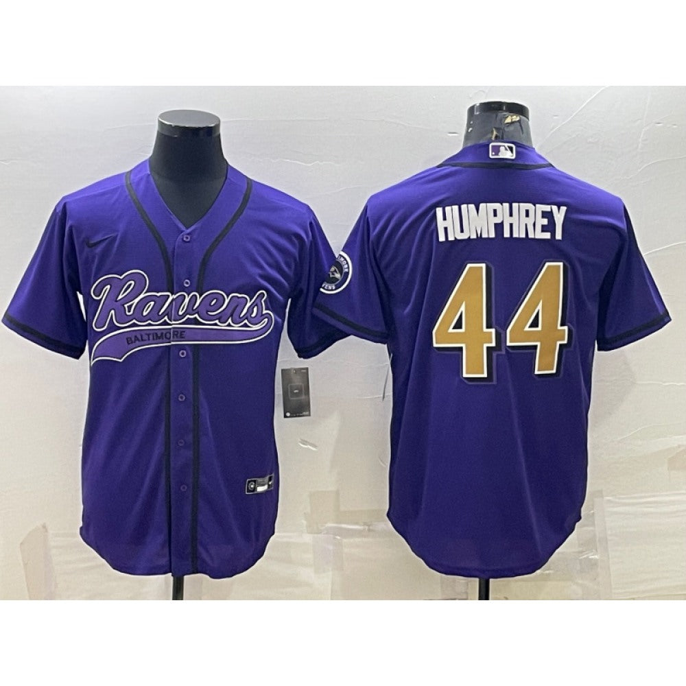 Men's Baltimore Ravens #44 Marlon Humphrey Purple Gold With Patch Cool Base Stitched Baseball Jersey 