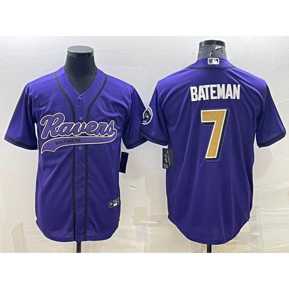 Men's Baltimore Ravens #7 Rashod Bateman Purple Gold With Patch Cool Base Stitched Baseball Jersey 