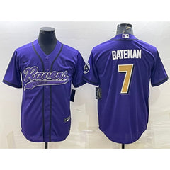 Men's Baltimore Ravens #7 Rashod Bateman Purple Gold With Patch Cool Base Stitched Baseball Jersey 