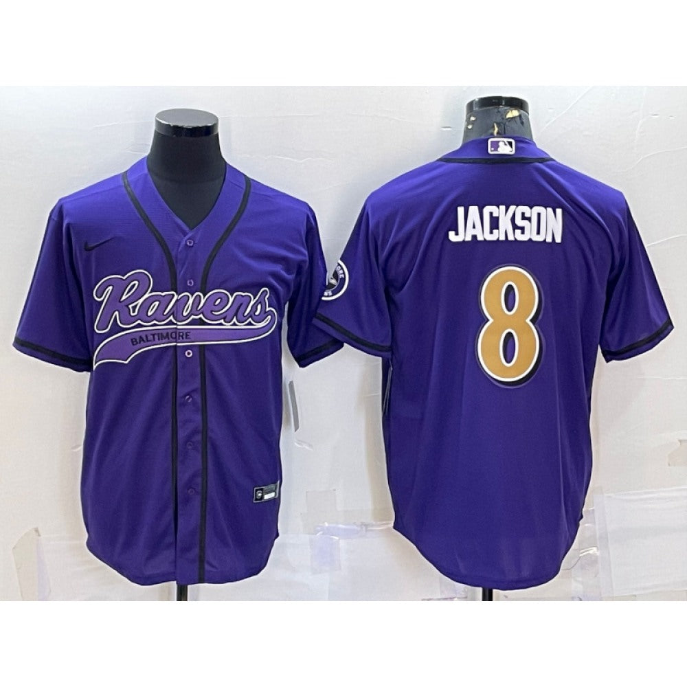 Men's Baltimore Ravens #8 Lamar Jackson Purple Gold With Patch Cool Base Stitched Baseball Jersey 