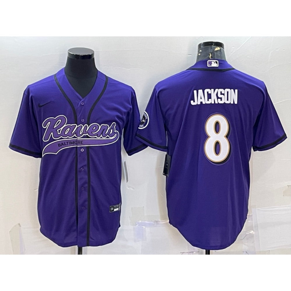Men's Baltimore Ravens #8 Lamar Jackson Purple With Patch Cool Base Stitched Baseball Jersey 