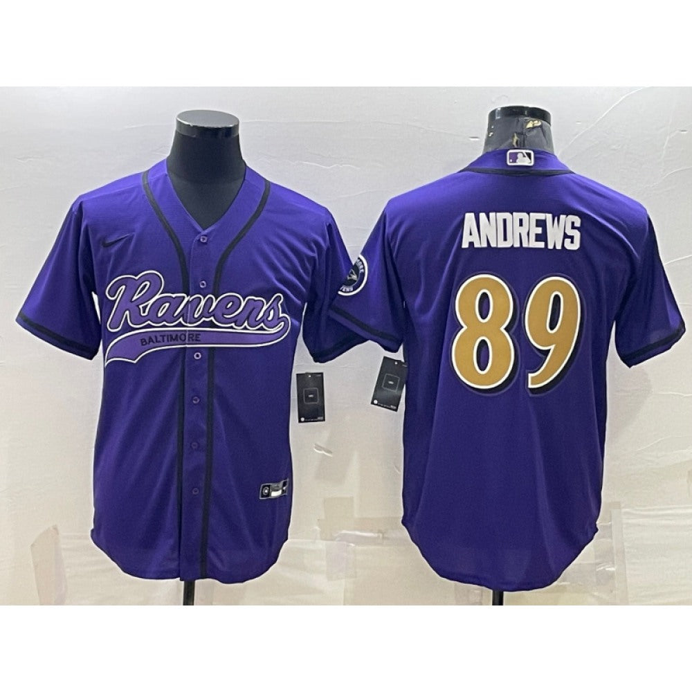 Men's Baltimore Ravens #89 Mark Andrews Purple Gold With Patch Cool Base Stitched Baseball Jersey 