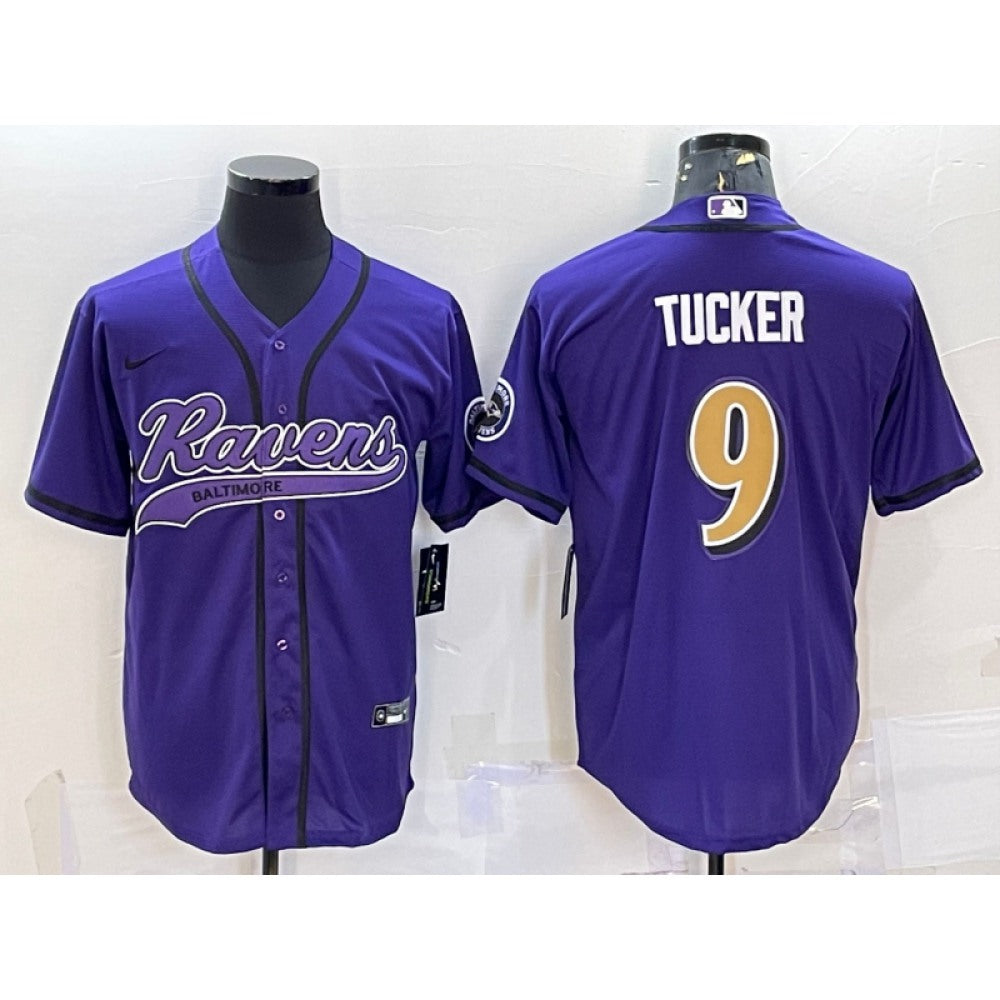 Men's Baltimore Ravens #9 Justin Tucker Purple Gold With Patch Cool Base Stitched Baseball Jersey 