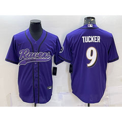 Men's Baltimore Ravens #9 Justin Tucker Purple With Patch Cool Base Stitched Baseball Jersey 