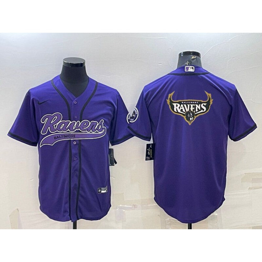 Men's Baltimore Ravens Purple Team Big Logo With Patch Cool Base Stitched Baseball Jersey 