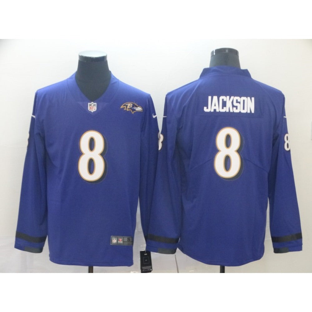 Men's Baltimore Ravens #8 Lamar Jackson Purple Therma Long Sleeve Stitched NFL Jersey 