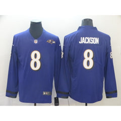 Men's Baltimore Ravens #8 Lamar Jackson Purple Therma Long Sleeve Stitched NFL Jersey 
