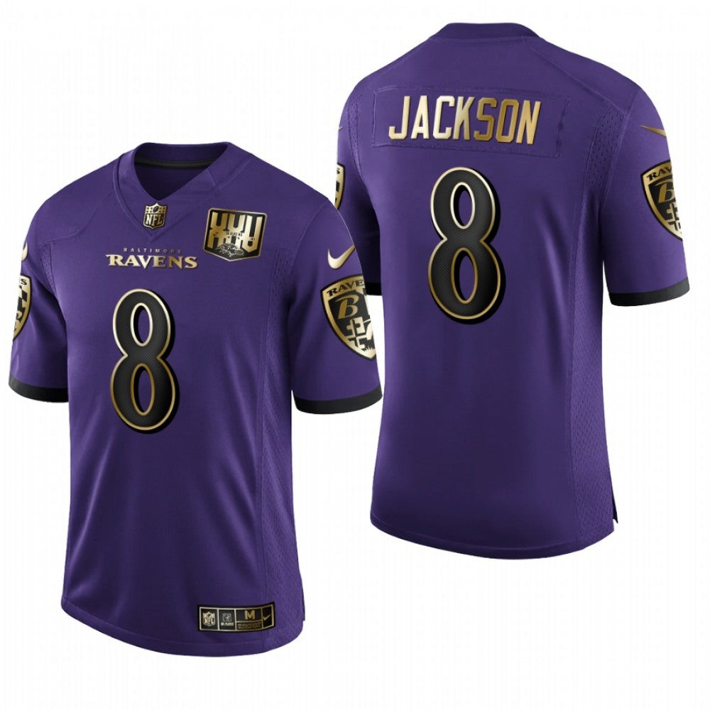 Men's Baltimore Ravens #8 Lamar Jackson Purple 2020 Golden Limited Stitched Jersey 