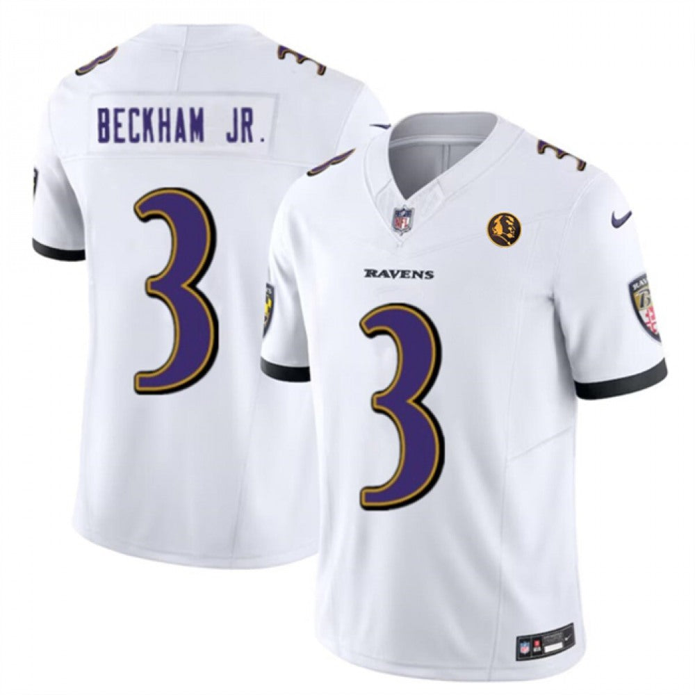 Men's Baltimore Ravens #3 Odell Beckham Jr. White 2023 F.U.S.E. With John Madden Patch Vapor Limited Football Jersey 