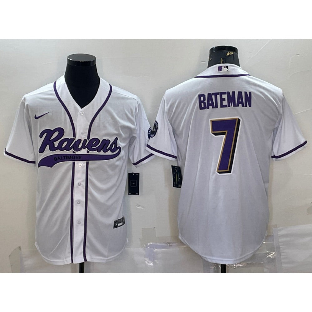 Men's Baltimore Ravens #7 Rashod Bateman White With Patch Cool Base Stitched Baseball Jersey 